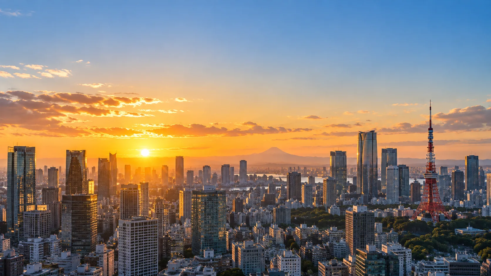 夕日に照らされる東京の街並みのイメージ