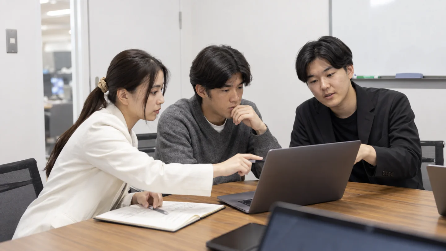 会議写真の人物を参考に、作業手順を話し合うイメージ
